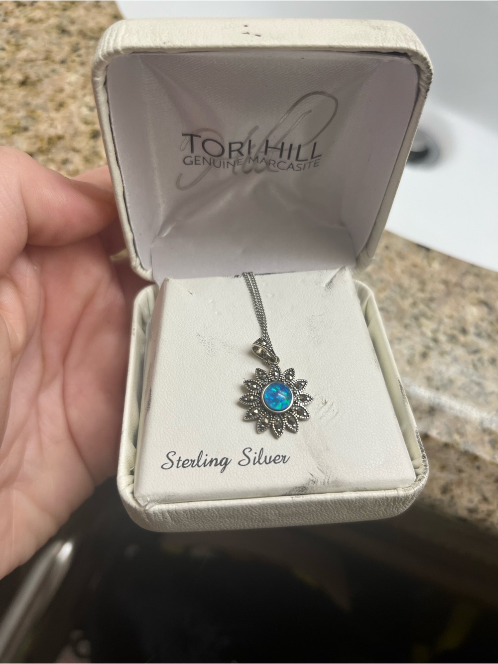 Tori Hill Sterling Silver Blue Opal Sunflower Pendant Necklace